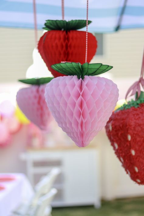 Berry Sweet First Birthday Party #firstbirthday #strawberryparty #babygirl Berry First Bday, Paper Strawberry, Sweet First Birthday, Strawberry Birthday Party, Tissue Pom Poms, Strawberry Birthday, Strawberry Decorations, Strawberry Party, Birthday Party Decoration