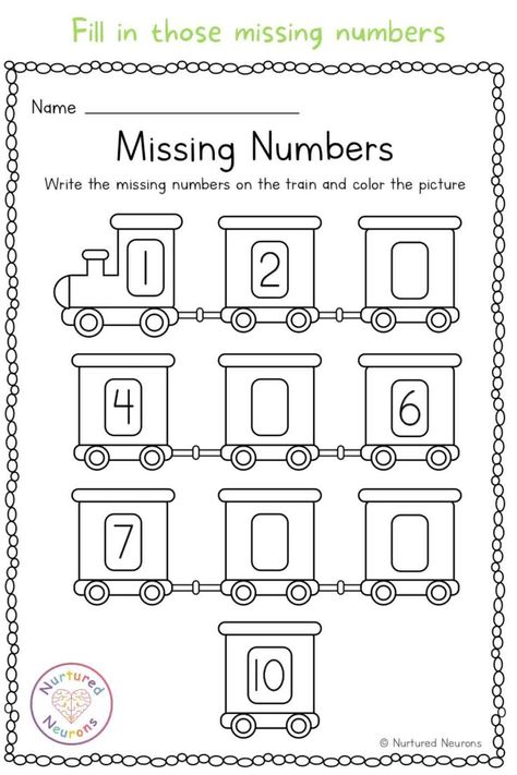 Train Missing Number Worksheet 1-10 (Kindergarten Math Printable) - Nurtured Neurons [Video] [Video] | Preschool math worksheets, Kindergarten math worksheets free, Kids math worksheets Kindergarden Maths, Numbers Activity For Kindergarten, Numbers 1-10, Pre Schooler Worksheet, Eyfs Transport, Fun Worksheets For Kindergarten, Fun Kindergarten Activities, Worksheet For Nursery, Oppgaver For Barn