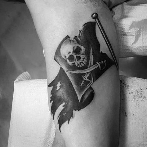 Guy With Pirate Flag Black And Grey Ink Tattoo On Inner Arm Pirate Flag Tattoo, Pirate Tattoo Sleeve, Pirate Tattoos, Pirate Skull Tattoos, Pirate Ship Tattoos, Black And Gray Ink Tattoo, Verse Tattoos, Pirate Tattoo, One Piece Tattoos