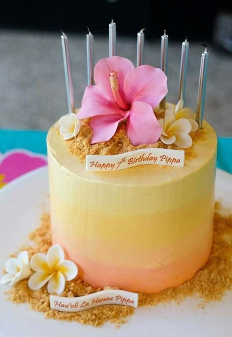 Hawaiian Cake Decorations, Frangipani Cake Birthday, Tropical Ombre Cake, Hibiscus Cake Ideas, Elegant Hawaiian Cake, Hawaiian Luau Cake Ideas, Tropical Cake Decoration, Hawaiian Party Cake Ideas, Frangipani Wedding Decorations