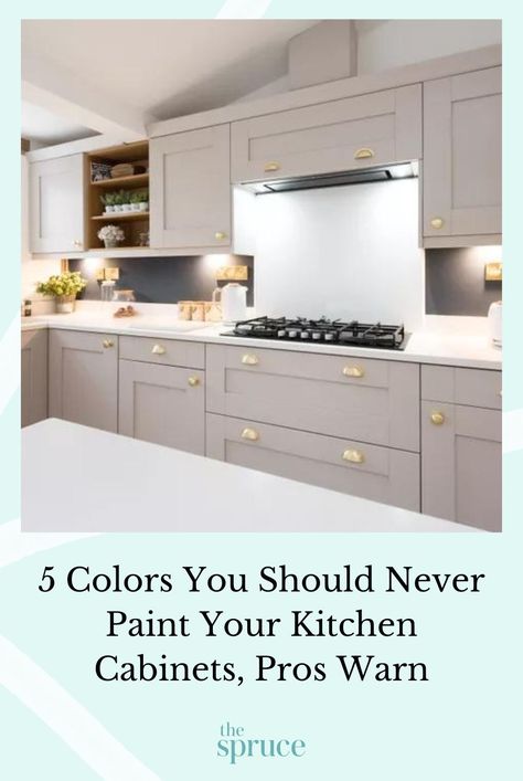 Pro interior designers say to never paint your kitchen cabinets these five colors to ensure that they maintain resale value. #kitchenpaintcolors #selllingyourhometips #kitchencabinetpaintcolors #easykitchenupgrades #apartmentdecor    #thespruce Best Kitchen Cabinet Colors For 2025, Good Kitchen Cabinet Colors, Change Kitchen Cabinet Color, Kitchen Cabinet Colours 2025, Painted Kitchen Cupboards Colors, Paint Colors For Kitchen Cabinets 2024, Puddy Colored Cabinets, Best Paint Colors For Kitchen Cabinets, Best Colour For Kitchen Cabinets