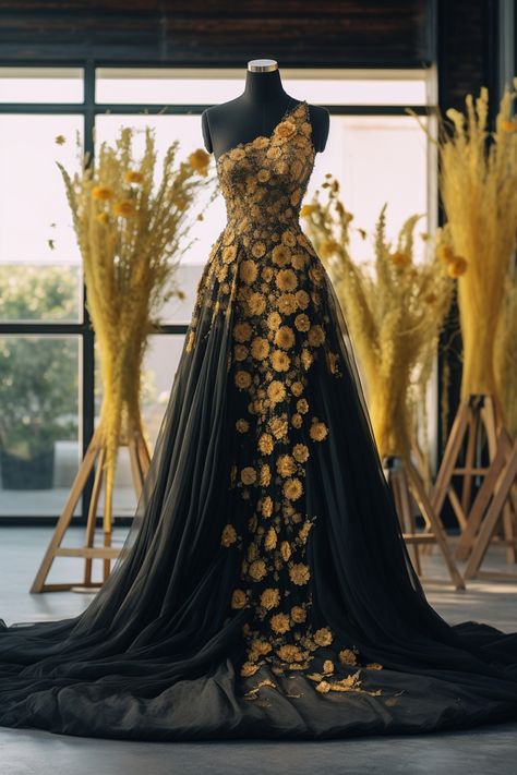 Prom Dresses Sunflower, Sunflower Gown, Sunflower Inspired Dress, Sunflower Fashion Design, Sunflower Dress Aesthetic, Wedding Dress Guide, Evening Dresses Elegant, Wedding Wishes, Fantasy Clothing