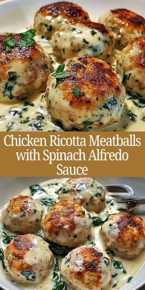 Chicken Ricotta Meatballs smothered in a rich, creamy Spinach Alfredo Sauce.  Ingredients:  For the Meatballs:  1 lb ground chicken 1/2 cup ricotta cheese 1/4 cup grated Parmesan cheese 1 egg 1/2 cup breadcrumbs 2 cloves garlic, minced Salt and pepper to taste 1 tablespoon Italian seasoning For the Spinach Alfredo Sauce:  2 tablespoons butter 1 clove garlic, minced 1 cup heavy cream 1/2 cup grated Parmesan cheese 2 cups fresh spinach, chopped Salt and pepper to taste Garlic Alfredo Chicken Meatballs, Chicken Meatballs With Spinach, Chicken Ricotta Meatballs, Spinach Alfredo Sauce, Recipes Using Ricotta Cheese, Meatballs With Spinach, Recipe Using Ricotta, Chicken Ricotta, Spinach And Ricotta Ravioli