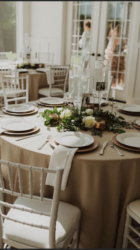 Khaki Table Linens Wedding, Tan Table Linens Wedding, Beige Satin Tablecloth Wedding, Taupe Table Cloth Wedding, Tan Table Cloth Wedding, Tan Table Cloth, Brown Table Cloth Decor, Wedding Tables With Tablecloths, Reception Table Cloth Ideas