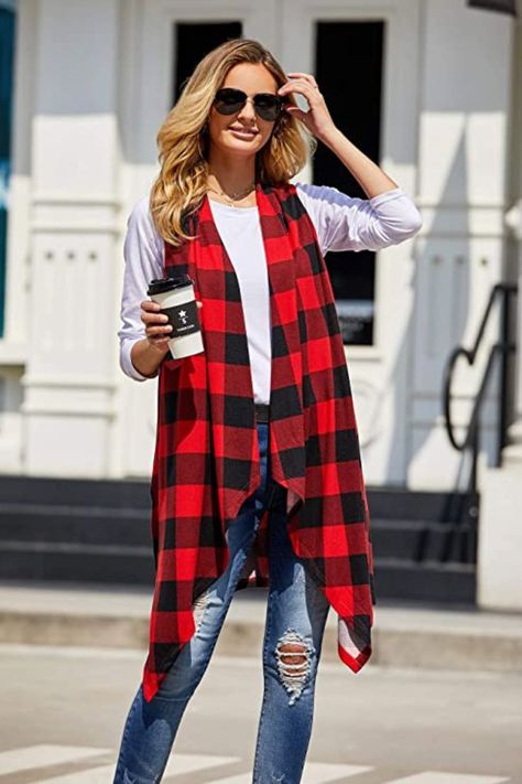 Fashion cardigan for women, buffalo plaid style, two side pockets, oversized style, irregular hem, loose fit Buffalo Plaid Cardigan, Cardigan Sleeveless, Sleeveless Duster, Fashion Cardigan, Lightweight Vest, Plaid Cardigan, Red Or Black, Cardigan For Women