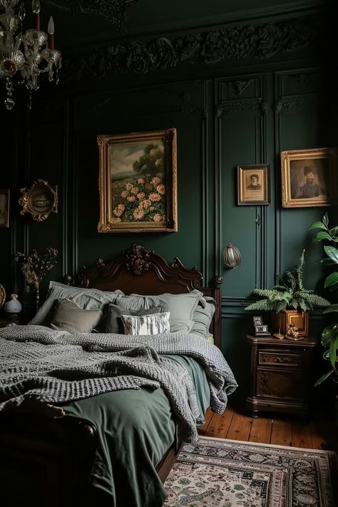 25 Dark Academia Bedroom Ideas You'll Love Dark Teal Bedroom, Dark Academia Bedroom, Dark Academia Interior, Dark Green Rooms, Vintage Bedroom Ideas, Academia Bedroom, Maximalist Bedroom, Tiny House Bedroom, Dark Green Walls