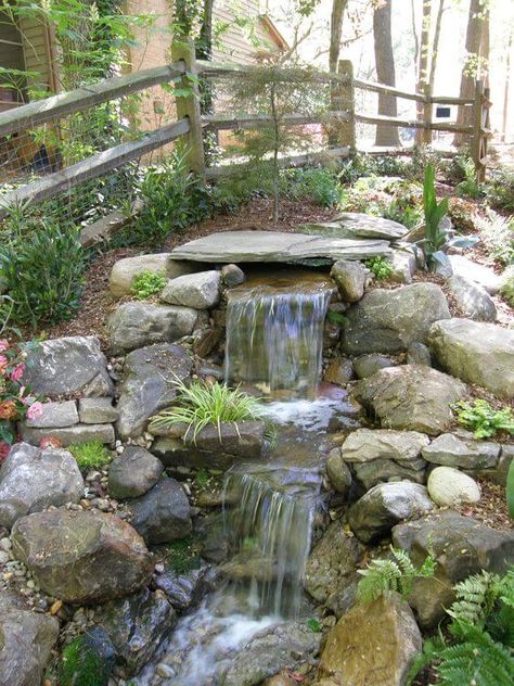 26 Eye-catching Pond Waterfall Ideas Yard Waterfall, Pondless Water Features, Backyard Waterfall, Outdoor Waterfalls, Garden Pond Design, Outdoor Water Features, Garden Waterfall, Pond Waterfall, Pond Landscaping