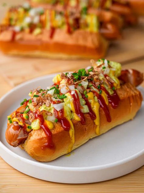 Loaded Scandi Hot Dogs  - Simple Home Edit Potato Salad Pickles, Curried Potato Salad, Chicken Hot Dogs, Creamy Sausage Pasta, Pasta Simple, Creamy Parmesan Chicken, Dogs Recipes, Pork Pasta, Hot Dogs Recipes