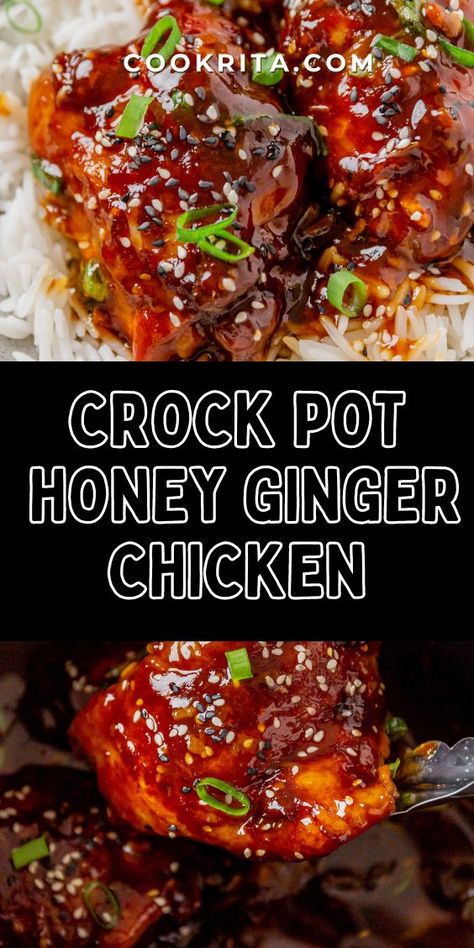 Crock Pot Honey Ginger Chicken Thighs Honey Garlic Chicken Crock Pot, Honey Ginger Chicken, Honey Soy Chicken Thighs, Sticky Chicken Thighs, Honey Chicken Thighs, Garlic Ginger Chicken, Ginger Chicken Recipes, Chicken Thigh Marinade, Honey Garlic Chicken Thighs