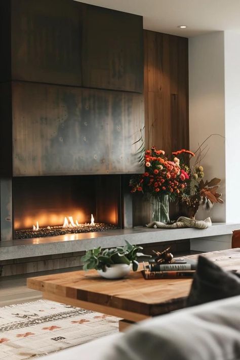 Warm Up Your Space: Fireplace Accent Wall Ideas Rustic Industrial Fireplace Ideas, Wine Wall Next To Fireplace, Modern Ranch Fireplace, Steel Fireplace Wall, Modern Southwest Fireplace, Mc Fireplace, Moody Mountain Home, Iron Ore Fireplace Wall, Fireplace Not Centered On Wall