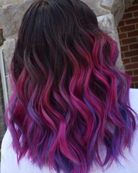 Brown Purple Pink Ombre Hair, Vivid Balayage Brunette, Colorful Bayalage Hair, Pink Vivid Hair, Vibrant Hair Color Ideas Brunettes, Bright Color Highlights In Brown Hair, Pink And Purple Highlights In Brown Hair, Pink And Purple Hair Highlights, Magenta Ombre Hair