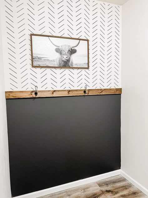 Black Painted Doors And Trim, Black Walls With Accent Wall, Small Entryway Colors, Board And Batten Black And White, Accent Foyer Wall Entryway, Old Home Updates On A Budget, Black And White Rustic Decor, Black Shiplap Half Wall, Black Waynes Coating Ideas