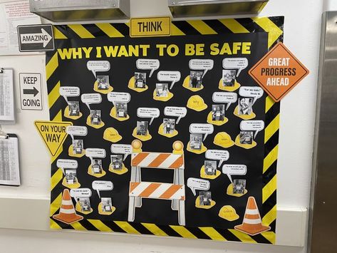 Employee safety board idea to promote safety in the workplace. Workplace Safety Activities, Workplace Safety Bulletin Boards, Bulletin Board Ideas For Work Offices, Employee Engagement Events, Safety In The Workplace, Nurse Bulletin Board, Safety Games, Creative Bulletin Boards, Safety Patrol