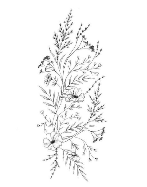 Wild Flower Sleeve Tattoos For Women, Botanical Shoulder Cap Tattoo, Botanical Ornamental Tattoo, Wild Grass Tattoo, Dainty Tree Tattoo, Wildflower Tattoo Black And White, Garden Tattoos For Women, Lung Tattoo With Flowers, Wild Flower Tattoo Designs