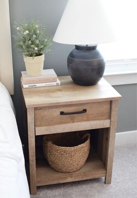 16 Farmhouse Nightstand Styling Ideas » Lady Decluttered Walmart Decor, Affordable Nightstand, Bridge Night, Nightstand Styling, Farmhouse Nightstand, Nightstand Decor, Wood Bedside Table, Side Tables Bedroom, Affordable Decor