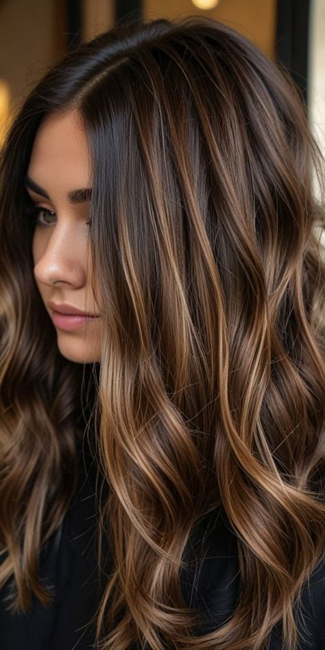 Honey Balayage Brown Hair, Lowlights On Brunette, Brown Girl Balayage Hair, Fall Brunette Highlights, Brown Hairlights, Dark Hair With Light Brown Highlights, Dark Brown Hair With Balayage, Chocolate Balayage Hair, Balayage Hair Brown