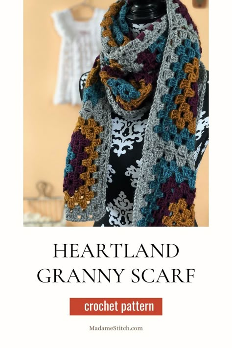 Heartland Yarn Patterns, Granny Square Scarves, Crochet Free Scarf Patterns, Granny Scarf, Simple Granny Square, Traditional Granny Square, Granny Square Scarf, Crochet 101, Granny Stitch