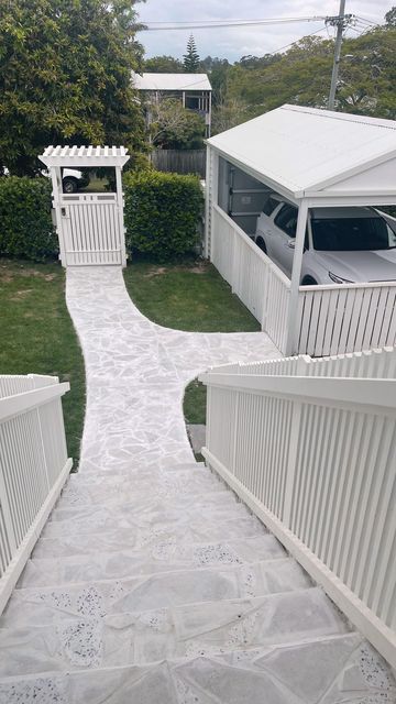 Tiled Front Path, Crazy Paving Entrance, Crazy Pave Front Entrance, Front Path Ideas, Crazy Pave Entry, Crazy Paving Pathway, Tiled Front Steps, Crazy Pave Path, Crazy Pave Pool