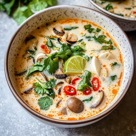 Discover an easy Tom Kha Gai recipe! This creamy Thai coconut chicken soup is packed with flavors of lemongrass, ginger, and lime. Thai Coconut Lemongrass Soup, Thai Coconut Mushroom Soup, Yum Tom Soup Thai, Thai Ginger Soup, Crockpot Tom Yum Soup, Thai Cauliflower Soup, Tom Yum Broth Recipe, Tom Gai Soup, Creamy Thai Chicken Soup