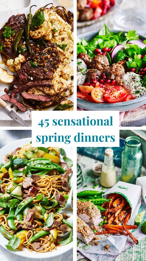 Spring Healthy Dinner Recipes, Spring Dinner Recipes Healthy, Fresh Spring Dinner Recipes, Spring Entrees Dinners, Spring Dinner Salad, Spring Dinner Menu Ideas, Dinner Ideas Spring Time, Spring Pasta Dinner, Spring Menu Ideas Dinner Parties