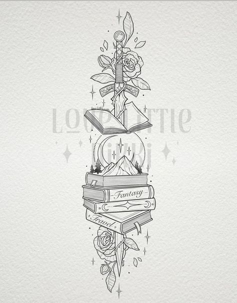 Book Back Tattoo, Bookish Back Tattoos, Fantasy Bookish Tattoos, Bookish Spine Tattoo, Bookish Tattoo Sleeve, Bookstack Tattoo, Acotar Sketches, Magical Tattoos For Women, Reading Tattoos For Women