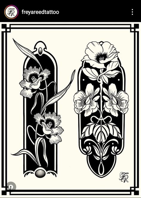 Art Nouveau Flower Tattoo, Art Nuevo Tattoo, Framed Flower Tattoo, Black Out Tattoo Designs, William Morris Tattoo, Skeleton Flower Tattoo, Covered Tattoos, Dark Nouveau, Flower Traditional Tattoo