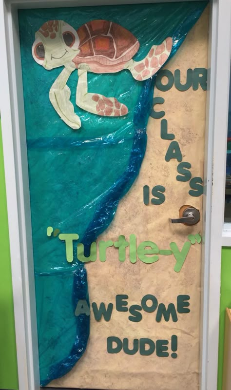 My class door that I did for our sea turtle theme this month! Pretty proud of it! Turtley Awesome Bulletin Board, Hawaiian Teacher Appreciation Door, Under The Sea Classroom Door Ideas, Disney Teacher Appreciation Door, Beach Door Decoration, Under The Sea Door Decorations, Under The Sea Classroom Door, Ocean Themed Classroom Ideas, Summer Door Ideas