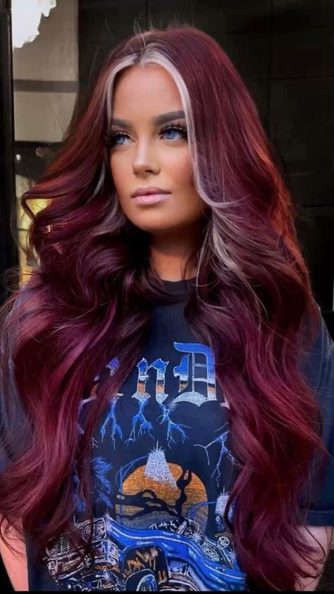 Burgundy Hair With Black Money Piece, Edgy Professional Hair, Maroon Hair With Money Piece, Dark Red Hair With Blonde Peekaboos, Red Hair With Silver Highlights, Afro Hairstyles For Women, Autumn Hair Color, Fuschia Hair, Pelo Color Borgoña