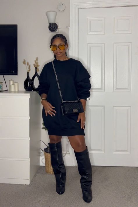 Oversized Sweatshirt Dress curated on LTK Hoody Dress Outfit, Hooded Dress Outfit Black Women, Sweatshirt Dress With Boots, Black Sweatshirt Dress Outfit, Hoodie Dress Outfit With Boots, Dress With Hoodie Outfit, Oversized Hoodie Outfit Women, Sweater Dress Outfit Black Women, Sweatshirt Dress Outfit Winter