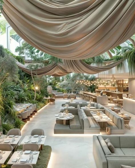 Vojtek Morsztyn on Instagram: "Botanical Bistro . . Green 🌿 restaurant oasis where lush greenery intertwines with culinary excellence, creating a unique dining experience. With fabrics gently wrapping around and grass growing beneath the tables, immerse yourself in the tranquil charm of nature while savoring unforgettable flavors.  #restaurante #interiorstyle #dinning #restaurantinterior #diningtable #lushlife #greenerydecor  #dinningdesign #restaurant #aiarchitecture #architecturephotography #interiorgreen  #restaurantdesign #interior #aiartist #interiordesigner #designisinthedetails #interior #restaurantdesign" The Ivy Restaurant Interiors, Bohemian Restaurant Interior Design, Luxury Cafe Interior Design, Green House Restaurant, Fancy Restaurant Interior, Botanical Restaurant, Restraunt Ideas, Unique Restaurant Interior, Private Dining Room Restaurant