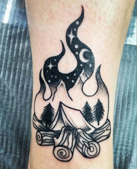 Smores Tattoo Ideas, Tent Tattoo Camping, American Traditional Campfire Tattoo, American Traditional Camping Tattoo, Glamping Tattoo, Camping Memorial Tattoo, Campfire Tattoo Design, Tent Camping Tattoo, Camping Theme Tattoo