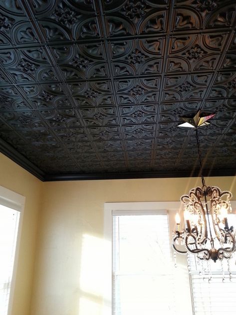 black decorative tin ceiling chandelier home decorating ideas Decorative Ceiling Panels, Pvc Ceiling Tiles, Faux Tin Ceiling, Faux Tin Ceiling Tiles, Decorative Ceiling Tile, Tiles Ideas, Faux Tin, Loft Industrial, Tin Tiles