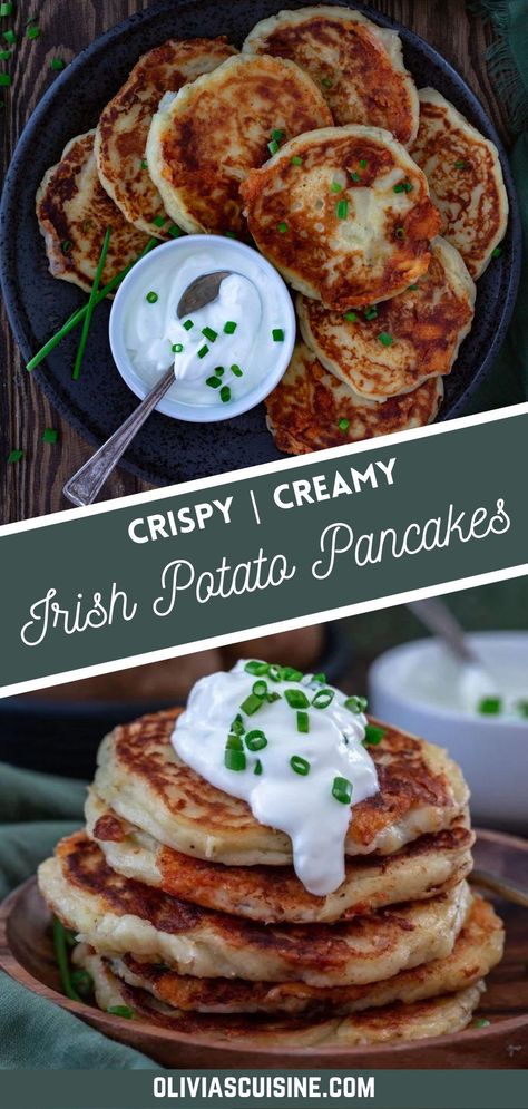 Wondering what to do with leftover mashed potatoes? This is an easy Irish recipe that has everyones two favorite things; cheese and potatoes! Boxty is the Irish version of potato pancakes! They are crispy on the outside, creamy on the inside and loaded with cheese. Very suitable for a hearty Irish breakfast on St. Patrick’s Day or anytime! Irish Potato Pancakes Recipes, Boxty Irish Potato Pancakes, Irish Boxty Recipe, Irish Pancakes Recipe, Irish Holiday Recipes, Irish Breakfast Ideas, Easy Irish Dinner Recipes, Irish Baking Recipes, Irish Street Food