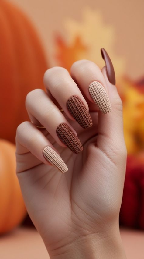 Brown Sweater Nails, Sweater Nails Fall, Sweater Nails Designs, Fall Sweater Nails, Sweater Nail Art, Textured Nails, Sweater Texture, Nails Inspired, Sns Nails