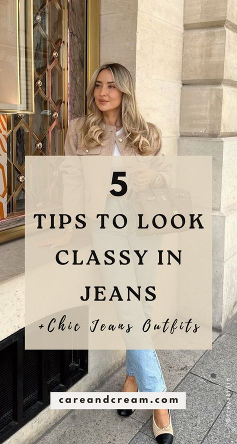 Discover how to look classy in jeans with our essential tips and chic outfit ideas! Learn how to style jeans elegantly for any occasion. From elegant outfits with jeans to chic style inspirations, find out how to dress up jeans and create stylish, cute outfits. Elegant jeans outfit classy, jeans outfit women, jeans dressed up. Veronica Beard Jeans Outfit, Casual Going Out Outfit Jeans, Celebrities Jeans Outfit, Date Night Jean Outfits For Women, Flared Jeans Outfit Going Out, Jeans And Peplum Top Outfit, Elegant With Jeans, How To Style With Jeans, How To Make Jeans Look Dressy