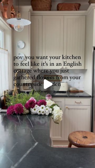 Ciara Kenaston on Instagram: "HERE’s how to add charm to your kitchen!! Some of my favorite elements to make a kitchen feel charming really can be easy!! From adding thrifted finds and cabinet hardware you’ll feel you’re cooking in an English Cottage. Notice how I have painted wood knobs all along the upper cabinets and unlacquered brass knobs, pulls and latch on the bottom cabinets, this change softens the look and mimics old English furniture and cabinetry. Throughout my kitchen I have unlacquered brass- hanging pot rack, cafe curtain rod, hardware and faucet. These all age over time and I love the patina! I also love hanging copper pots, pans and kitchen utensils. I found all of them at antique and thrift stores and gave them a good scrub with bar keepers friend. Luckily my cabi Hanging Copper Pots, Old English Furniture, Cafe Curtain Rod, Pine Hutch, Kitchen Utensil Crock, English Cottage Kitchens, Hanging Pot Rack, Vertical Shiplap, Cottage Kitchen Cabinets