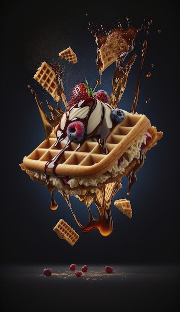 Waffle Illustration Art, Waffle Art, Waffles Photography, Waffles With Chocolate, Pancake Drawing, Waffle Shop, Dark Gray Background, Crepes And Waffles, Waffle Ice Cream