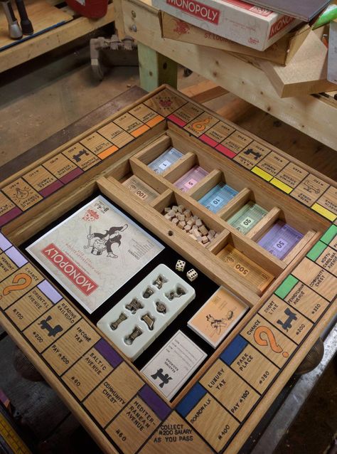 Homemade Monopoly, Custom Monopoly, Homemade Board Games, Harry Potter Monopoly, Board Game Box, Board Games Diy, Wooden Board Games, Monopoly Board, Board Game Table