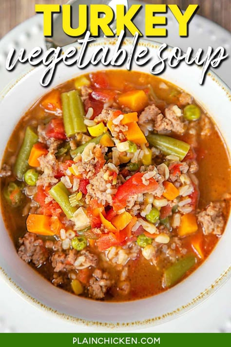 Turkey Vegetable Soup Vegetable Crockpot, Corn Rotel, Vegetable Crockpot Recipes, Soup Recipe Crockpot, Weight Watcher Vegetable Soup, Frozen Vegetable Recipes, Vegetable Soup Crock Pot, Turkey Rice Soup, Mix Vegetable Recipe