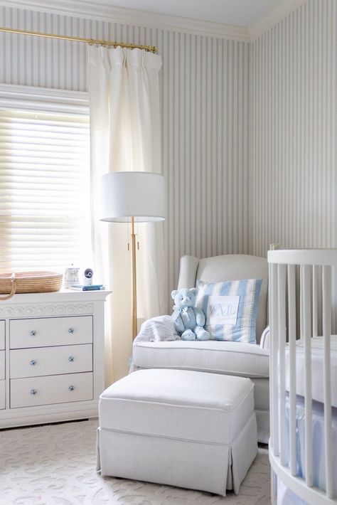 Smart Baby Monitor from VTech: A Must-Have for your Baby Nursery | Jennifer Maune Calming Blue Nursery, Ariel Okin Nursery, Baby Room Wallpaper Boy, Boy Nursery Wallpaper Blue, Blue And White Nursery Wallpaper, Hamptons Style Nursery, Preppy Home Aesthetic, Light Blue And Grey Nursery, Classic Blue And White Nursery