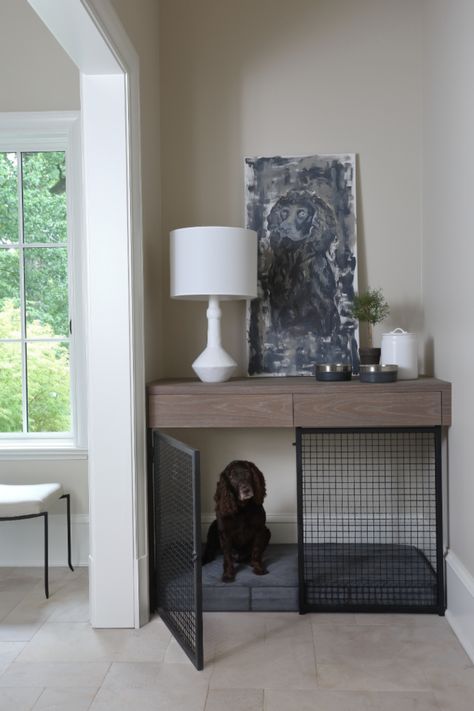 Kennel Diy Indoor, Dog Room For Multiple Dogs, Creative Clothing Storage Baskets, Diy Metal Dog Crate, Dog Crate In Living Room Ideas, Dog Crate Console Table, Dog Crate Makeover Diy, Dog Living Room Space, Luxury Dog Crate