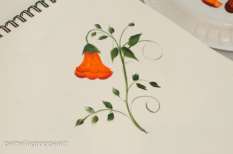 easy step by step Painting Lesson on How to Paint Trumpet Vine. This combines wonderfully with the hummingbird tutorial. Paint trumpet vine one stroke at a time and create beautiful paintings on DIY decor, hand painted signs, furniture and anything you can imagine! #paintflowers #diysigns #easypainting Easy Vine Painting, Painting Vines And Flowers Easy, Vines With Flowers Painting, Flowers On Vines Painting, Trumpet Vine Drawing, Trumpet Vine Painting, Easy Step By Step Painting, Wall Murals Painted Diy, Paint Coffee