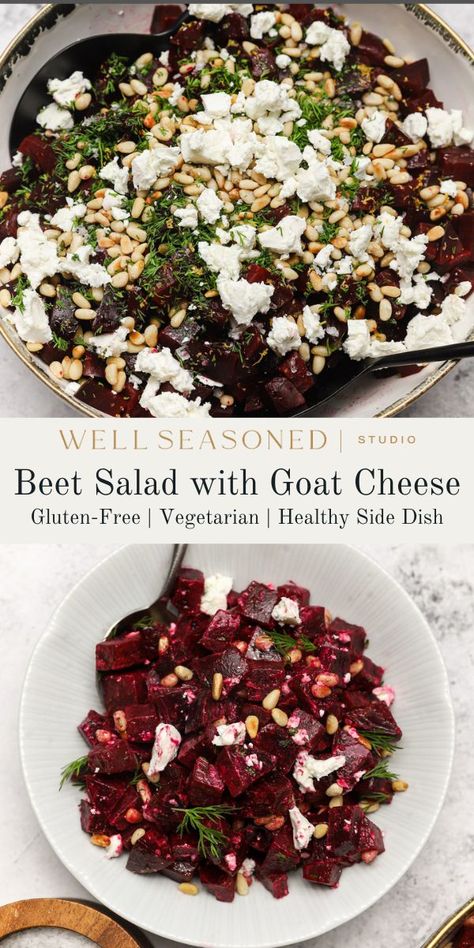 My Beet Salad with Goat Cheese and Pine Nuts has just 7 ingredients and is the perfect side dish or salad for any Middle Eastern meal. I love the combination of tender beets, creamy, tangy goat cheese, crunchy toasted pine nuts, and fresh dill. All it needs is a drizzle of a nice extra virgin olive oil to bring it together. Easy elegance! Gluten-free. #wellseasonedstudio #beets #beetsalad #goatcheese Steak Goat Cheese Salad, Beets And Goat Cheese Salad, Beat And Goat Cheese Salad Recipe, Goat Cheese And Beet Salad, Goat Cheese Beet Salad, Middle Eastern Chicken And Rice, Beet And Goat Cheese Salad, Beet Goat Cheese Salad, Beet Salad With Goat Cheese