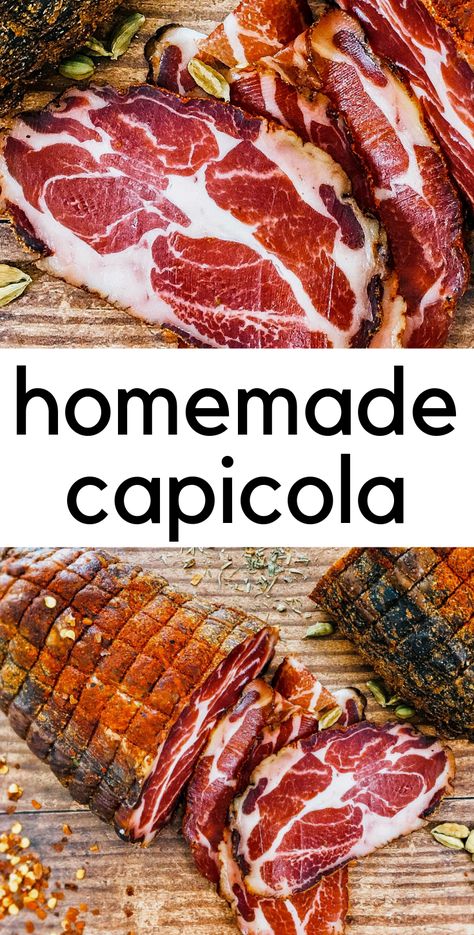 Homemade capicola is easy to make at home. It's made from the coppa muscle of a pig and once cured and dried the results are buttery and decadent! #charcuterie #capicola #curedmeats #jaxxalicious via @jaxxdrinkwater Meat Preservation, Cured Meat Recipes, Curing Meat, Meat Curing, Raw Pork, Homemade Sausage Recipes, Meat Processing, Sausage Making, Smoked Meat Recipes