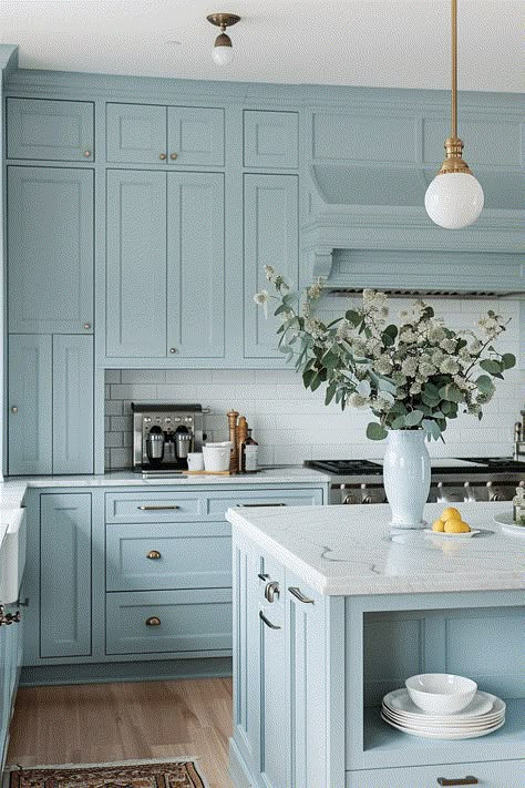 Light Blue Kitchen, Light Blue Kitchens, Kitchen Cabinet Color Ideas, Blue Kitchen Cabinets, Blue Cabinets, Coastal Kitchen, Kitchen Cabinet Colors, Blue Kitchen, Blue Kitchens