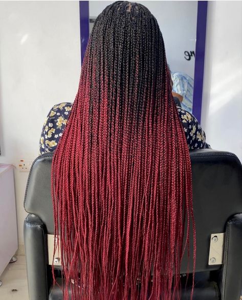 Red Ombre Braids Black Women, Black And Red Ombre Braids, Ombre Burgundy Box Braids, Black To Red Ombre Braids, Deep Red Braids, Small Red Box Braids, Ombre Red Box Braids, Red Ombré Braids, Maroon Box Braids