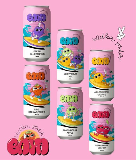 Vodka Soda – Packaging Of The World Soda Character Design, Soda Graphic Design, Soda Can Packaging, Soda Can Design Packaging, Soda Branding Design, Soda Bottle Design, A Font Logo, Soda Packaging Design, Vodka Branding