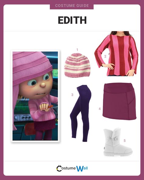 Get the cosplay look of Edith Gru, the spunky nine-year-old middle sister from the Despicable Me movies. Margo Gru Costume, Cute Gru Costume, Edith Despicable Me Costume, Gru And Vector Halloween Costume, Gru Vector And Minion Costume, Edith Costume Despicable Me, Gru Costume, Despicable Me Costume, Halloween Costumes For Teens Girls