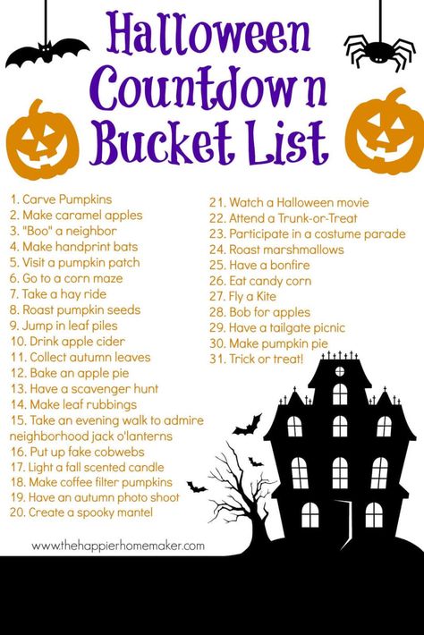 Halloween Bucket List, Countdown Activities, Bobbing For Apples, Halloween Buckets, Halloween Countdown, Fun Fall Activities, Haunted Halloween, Happy May, Fall Bucket List