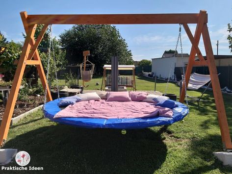 Old Trampoline, Korean House, Backyard Shade, Backyard Oasis Ideas, Wooden Swing, Backyard Beach, Backyard Playground, Backyard Diy Projects, Backyard Living